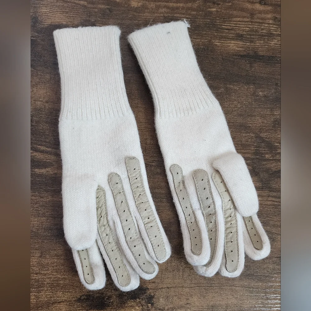 VINTAGE 80s OFF WHITE WOOL GLOVES BEIGE LEATHER TRIM SMALL ELEGANT